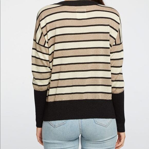 Chaser Lurex Striped V Neckline Pullover Sweater Black Tan Womens Size Small - Picture 4 of 10